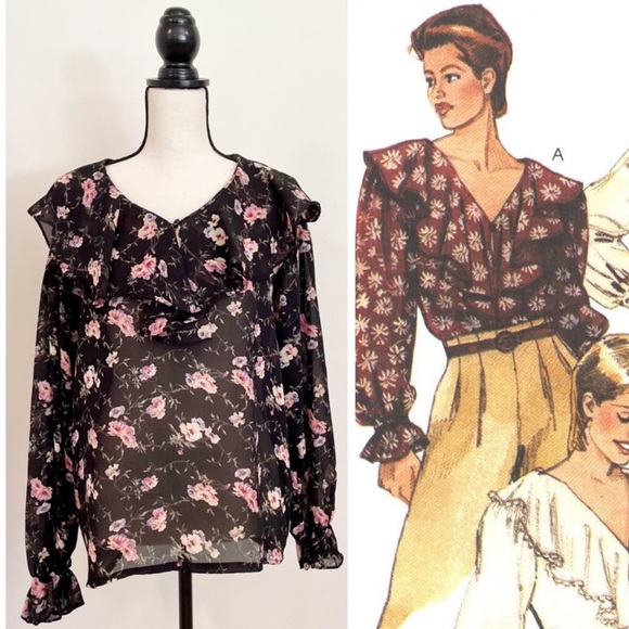 Vintage 90s Floral Bertha Collar Boho Peasant Blouse - Picture 7 of 7